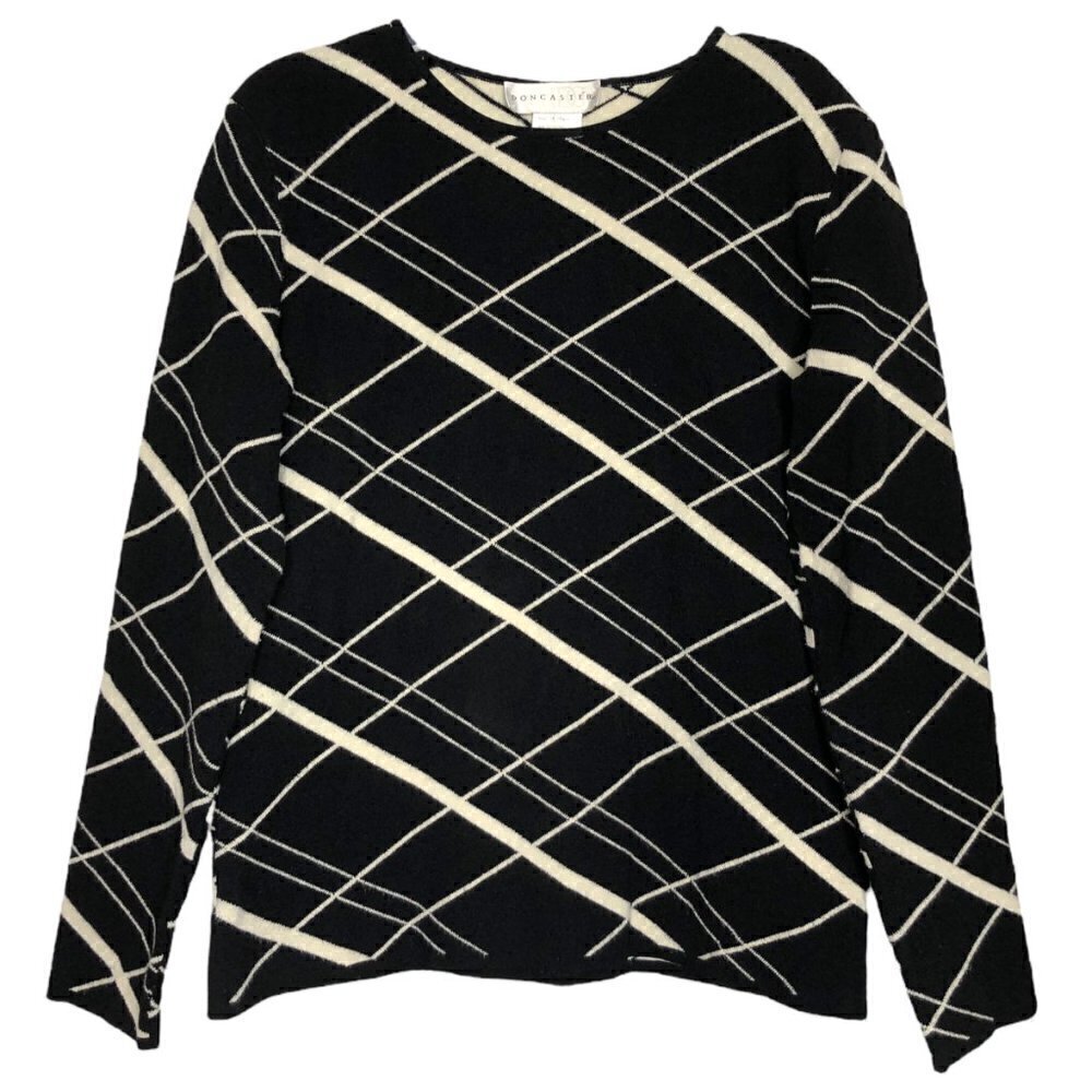 Doncaster - Black and Ivory/Cream Diamond Plaid Round Neck Sweater - Size Medium